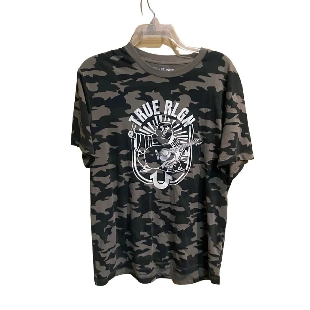 True Religion Men's Size L Green Camo Arch Logo‎ Crew Neck Tee